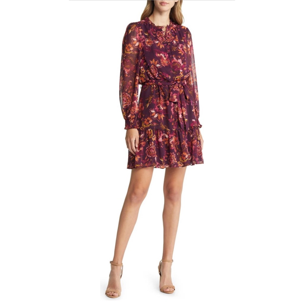 Vince Camuto Long Sleeve Floral Chiffon Fit & Flare Dress